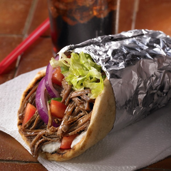 Shredded beef gyro wrapped in foil