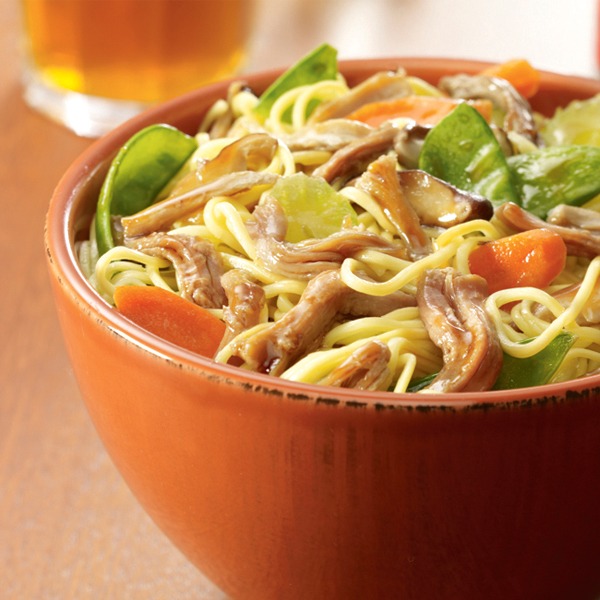 Shredded pork chow mein in a bowl