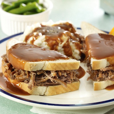 Railroader hot beef sandwich on a plate