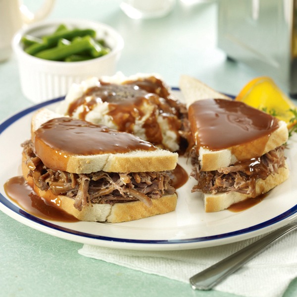 Railroader hot beef sandwich on a plate