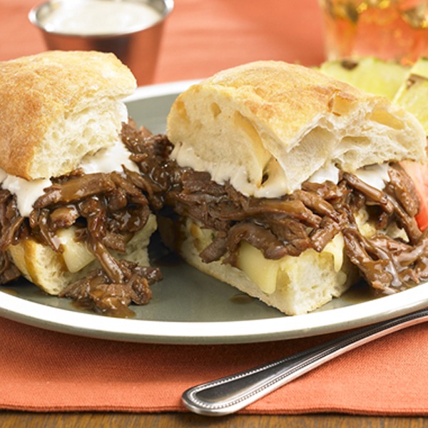 Pot roast beef and horseradish sandwich on a plate