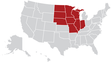 Map of the United States with Midwest region highlighted