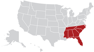 Map of the United States with Southeast region highlighted