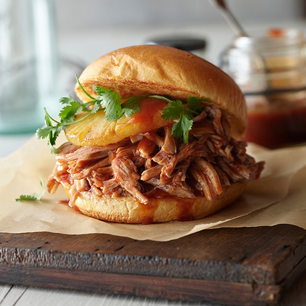 Pulled pork barbeque sandwich on a tray