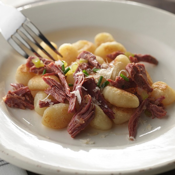 Pastrami gnocchi on a plate